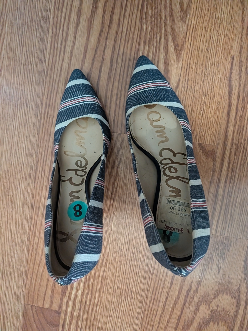 Sam Edelman  Striped Pointed Toe Pumps in Navy and White - Picture 4 of 5
